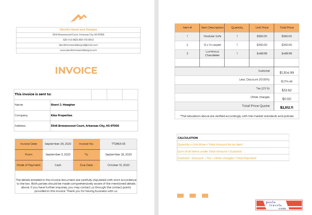 Home Staging Invoice Template PSD template